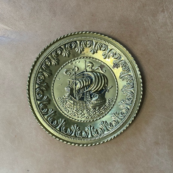 Other - 12” Brass Embossed Wall Hanging Plate Galleon Facing Ships Vintage Decor